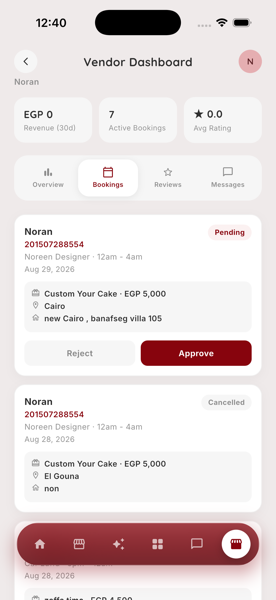 Reservo app — vendor dashboard bookings
